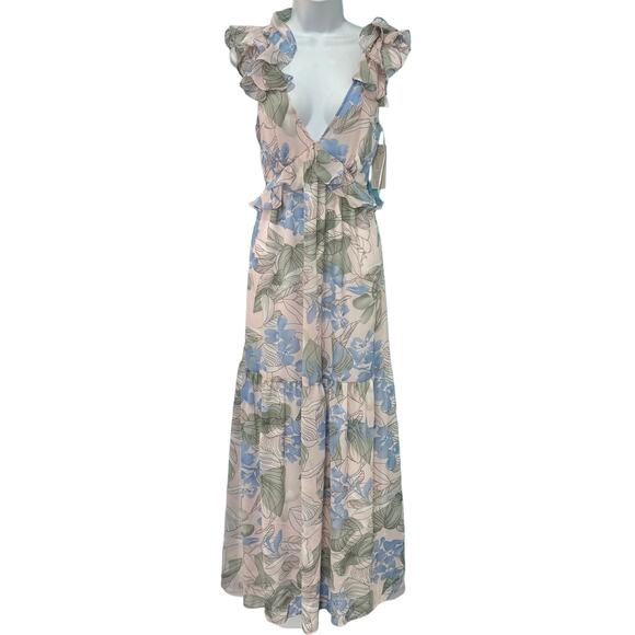Big Water Blue Sky Dresses & Skirts - Big Water Blue Sky Pink Blue Green Floral Flutter Tie Back Maxi Dress S NEW Tags